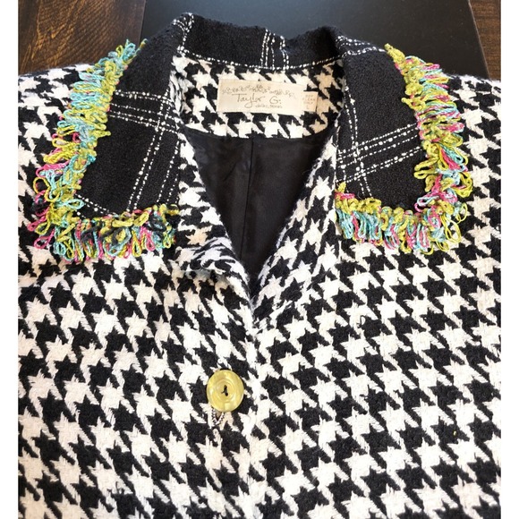 Taylor G Dallas Houndstooth Colorful Tweed Jacket Black White Coat Blazer Large - Picture 6 of 12